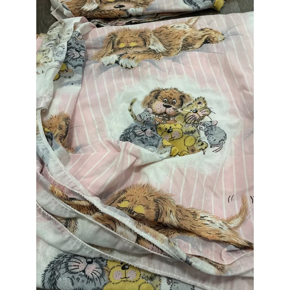Vintage Sue Hall 1990 Bed Sheets Set Pink Striped Dog Cat Mouse Teddy Bear Print